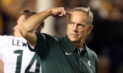 Oct 7, 2017; Ann Arbor, MI, USA; Michigan State Spartans head coach Mark Dantonio gestures to his team during the first quarter of a game against the Michigan Wolverines at Michigan Stadium. Mandatory Credit: Mike Carter-USA TODAY Sports